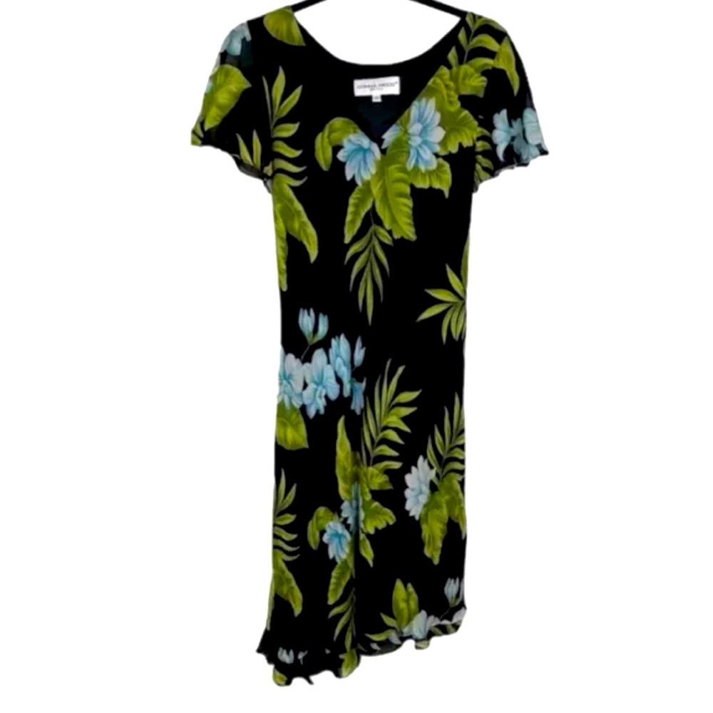 Vintage Donna Ricco Dress 10 Asymmetrical 90s Black Tropical Floral Midi Flowy